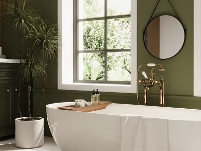 Green Bathroom With White Bathtub Brass Faucet Large Window And Plants 3d model