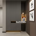 Modern Entryway Hallway Design With Gray Cabinets Marble Countertop Pendant Light And Wall Art