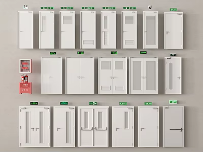 Fire Safety Equipment Collection With White Fire Doors Red Hydrant Cabinet And Green Signs 3d model