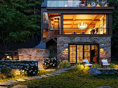 Detached Villa Surrounded by Trees with Stone Wall Garden Lighting Large Windows and Outdoor Seats 3d model
