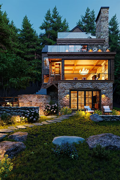 Detached Villa Surrounded by Trees with Stone Wall Garden Lighting Large Windows and Outdoor Seats 3d model