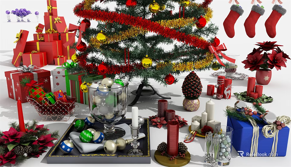 Christmas Ornamental Decor Collection With Tree Gifts Stockings Candles And Pine Cones 3d model 
