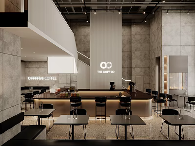 Modern Cafe Interior With Bar Counter Tables Chairs And Minimalist Design Elements 3d model