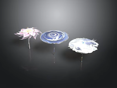 Pink Lotus Blue Spiral And White Feathery Decorative Ornaments On Slender Stands 3d model