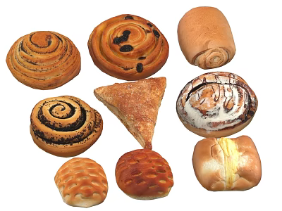 Assorted Fresh Breads Including Cinnamon Rolls Raisin Loaves Triangle Pastries And Cream Filled Buns 3d model