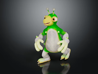 Cartoon Fantasy Creature Character With Green Body White Belly Large Eyes And Antennae Standing 3d model