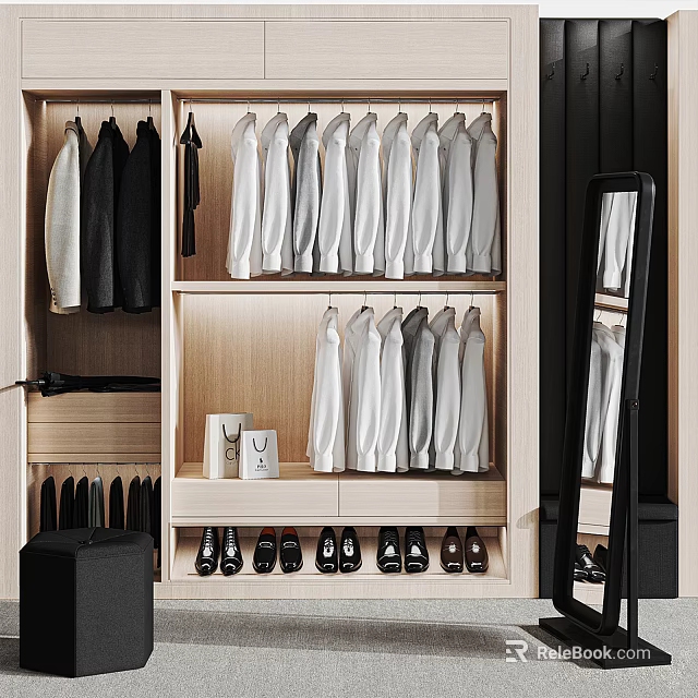 Modern Walk in Closet with Hanging Suits Shirts Shoes Storage and Mirror 3d model 