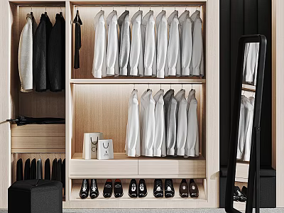 Modern Walk in Closet with Hanging Suits Shirts Shoes Storage and Mirror 3d model