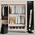 Modern Walk in Closet with Hanging Suits Shirts Shoes Storage and Mirror