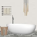 Modern White Bathtub With Wooden Laundry Basket Black Towel Rack Gold Lights And Gray Tile Floor