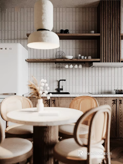 Rustic Kitchen Dining Set With Round Wooden Table Wicker Chairs And Pendant Light 3d model 