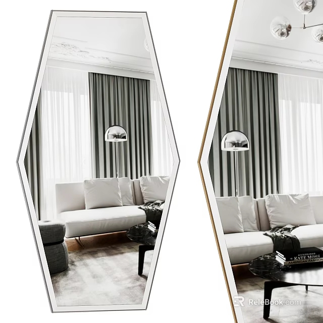 Hexagonal Mirror Reflecting Modern Interior With White Sofa Dark Curtains And Silver Pendant Light 3d model 