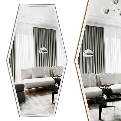 Hexagonal Mirror Reflecting Modern Interior With White Sofa Dark Curtains And Silver Pendant Light 3d model