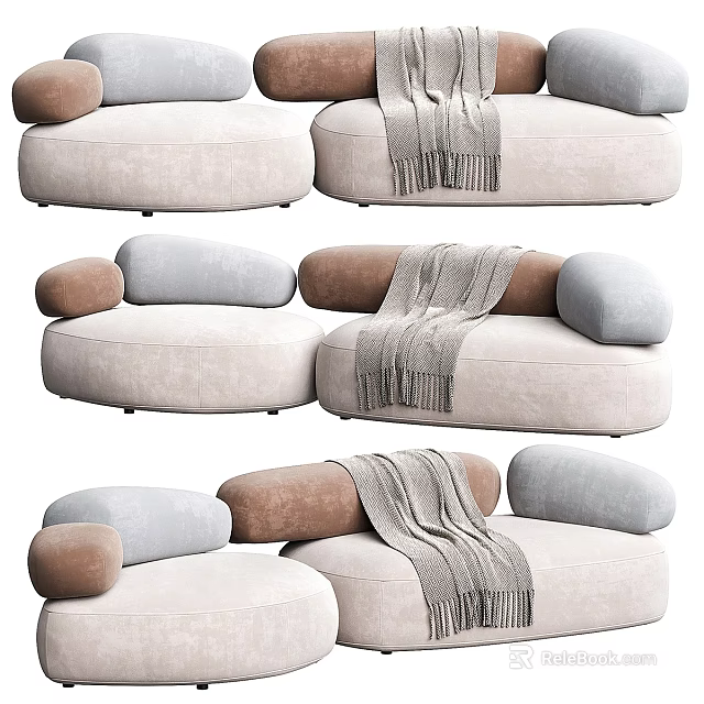 Modern Sectional Sofa With Light Beige Gray Brown Cushions And Knitted Blanket 3d model 