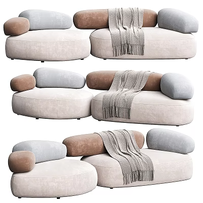 Modern Sectional Sofa With Light Beige Gray Brown Cushions And Knitted Blanket 3d model