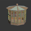Outdoor Octagonal Wooden Gazebo Structure With Lattice Windows And Peaked Roof Top