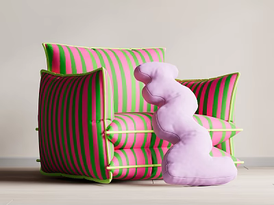 Modern Single Sofa With Pink And Green Striped Design And Purple Decorative Pillow 3d model