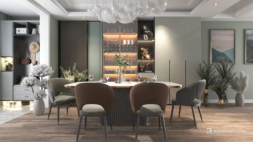 Elegant Modern Restaurant Interior With Dining Table Comfortable Chairs And Pendant Lights 3d model