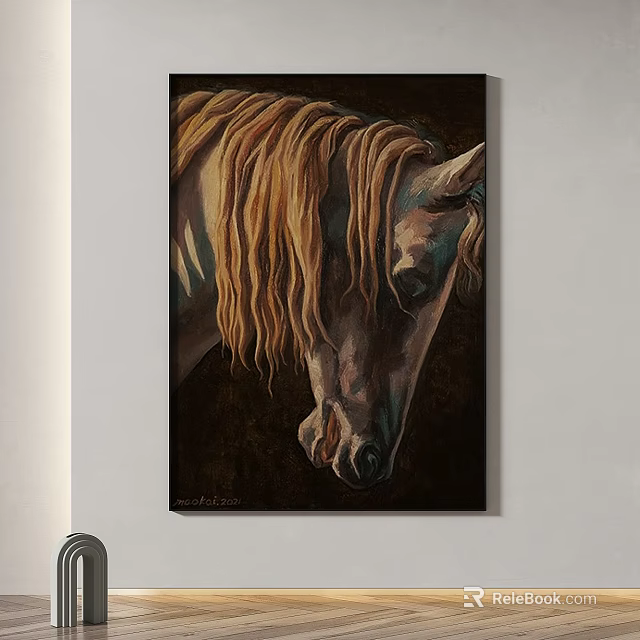 Elegant Abstract Horse Painting With Golden Mane And Dark Background Framed Wall Art 3d model 