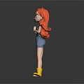 Game Movie Character With Red Hair Black Polka Dot Top Blue Denim Shorts Yellow Boots