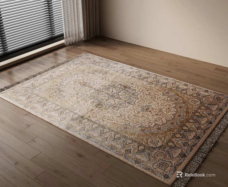 Square Area Rug With Intricate Patterns On Wooden Floor 3d model 