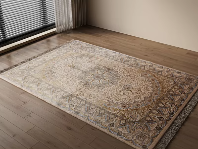 Square Area Rug With Intricate Patterns On Wooden Floor 3d model