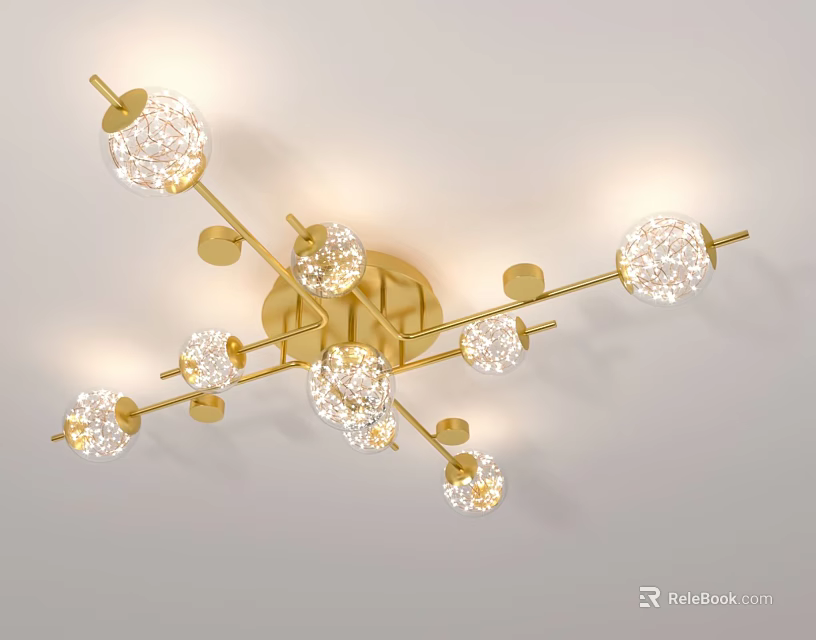 Modern Luxury Ceiling Light With Golden Metal Branches And Crystal Balls 3d model 