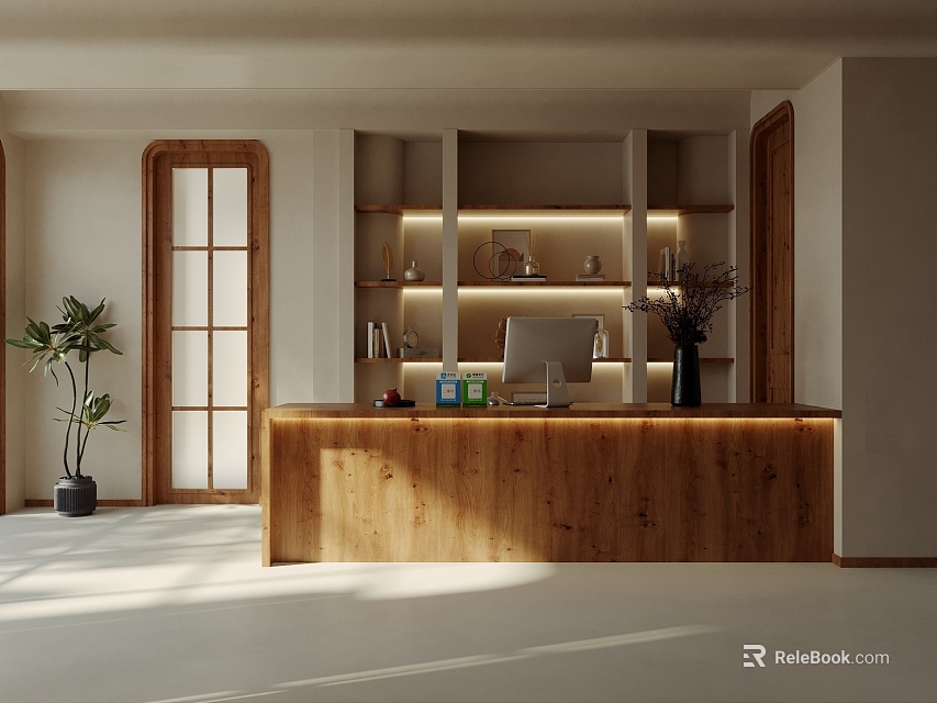 Modern Minimalist Reception Area With Wooden Desk Lit Shelves Decorations And Green Plant 3d model 