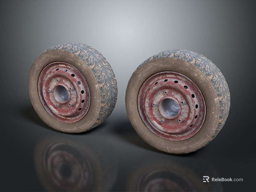 Old Vehicle Tires Featuring Red Rims With Worn Tread On Reflective Surface 3d model 