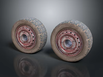 Old Vehicle Tires Featuring Red Rims With Worn Tread On Reflective Surface 3d model