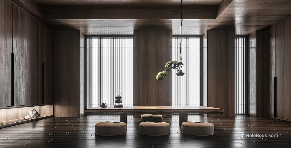 Cozy Tea Room Interior Featuring Wooden Walls Vertical Stripe Windows Hanging Greenery And Round Cushions 3d model 