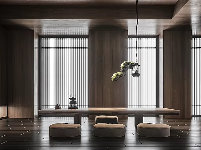 Cozy Tea Room Interior Featuring Wooden Walls Vertical Stripe Windows Hanging Greenery And Round Cushions 3d model