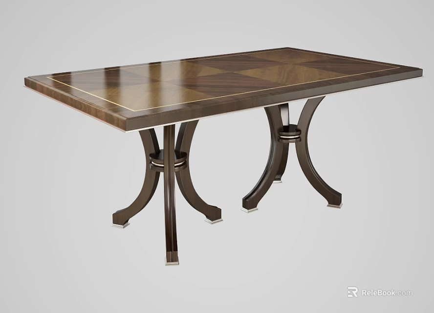 Classic Wooden Dining Table With Inlaid Pattern And Double Pedestal Legs 3d model 