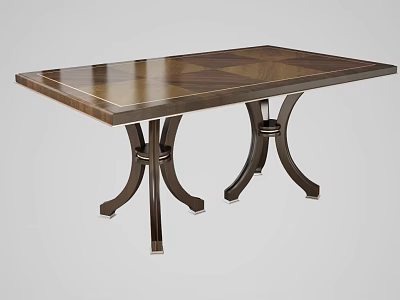 Classic Wooden Dining Table With Inlaid Pattern And Double Pedestal Legs 3d model