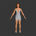 Woman In White Spaghetti Strap Short Dress With High Heels On Black Background