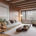 Natural Living Room Sofa Coffee Table Combination With Wooden Ceiling Decorative Painting And Green Plants