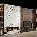 Modern TV Cabinet Design with Marble Wall Fireplace and Wooden Panel Decorative Elements 3d model