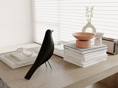 Modern Tabletop With Black Bird Figurine Stacked Books Pink Bowl White Vase And Window Blinds 3d model