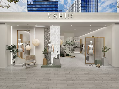Modern Clothing Store Interior With Mannequins Plants And Display Shelves 3d model