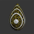 Shiny Teardrop Shaped Decorative Piece With Yellow White Spiral Patterns And Circular Ornament
