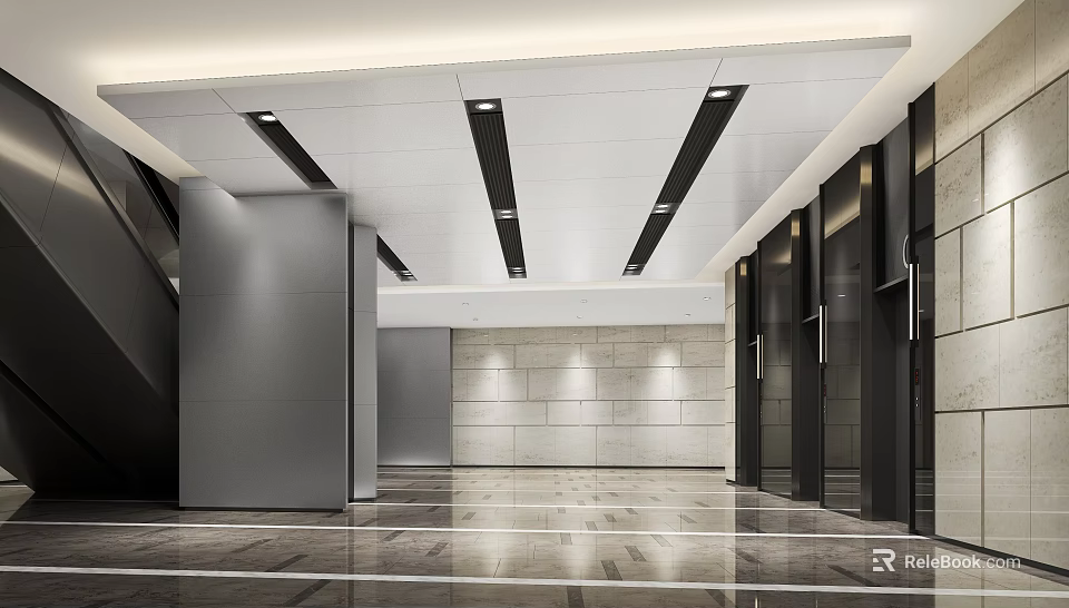 Modern Elevator Lobby Interior Design With Marble Floor Ceiling Lights And Metal Doors 3d model 