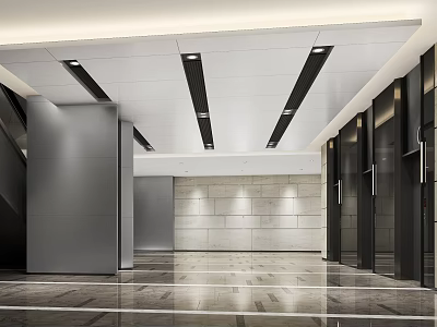 Modern Elevator Lobby Interior Design With Marble Floor Ceiling Lights And Metal Doors 3d model
