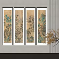 Four Traditional Vertical Landscape Paintings With Mountains Trees On Wall