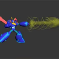Blue Robot Character With Red Wings Yellow Horns Holding Transparent Container With Glowing Biological Substance