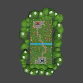 Cartoon Castle Village With Colorful Buildings Green Trees And Tower Structures