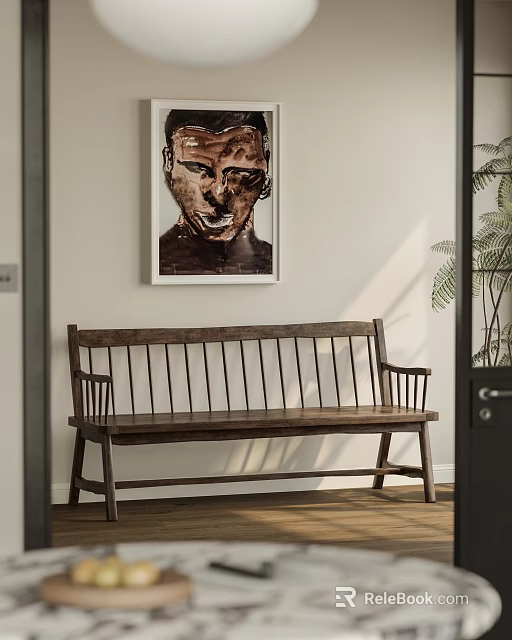 Modern Wooden Bench In Entryway With Abstract Portrait And Natural Light 3d model 