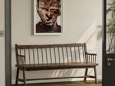 Modern Wooden Bench In Entryway With Abstract Portrait And Natural Light 3d model