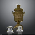 Golden Decorative Samovar With Engraved Pattern And White Tea Cups On Saucers