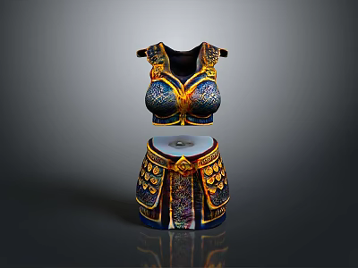 Ancient Decorative Armor Weapon with Intricate Gold Blue Patterns and Mythical Design Details 3d model