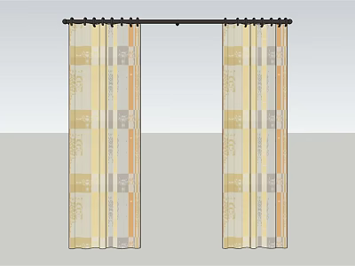 Yellow Beige Gray Orange Striped Square Pattern Fabric Curtains with Black Curtain Rod 3d model
